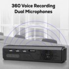 A black voice recording device with dual microphones is placed on a table. It has multiple USB ports and buttons. Blue concentric circles illustrate its 360-degree sound recording capability. 360 Voice Recording Dual Microphones text is above.