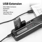 A USB extension device connected to a laptop with a USB flash drive and another cable attached. Text on the image reads: USB Extension. One Cable Connects: Keyboard, Mouse, USB Flash Drive, Mobile Phone.