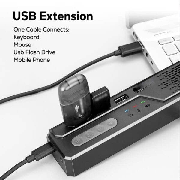 A USB extension device connected to a laptop with a USB flash drive and another cable attached. Text on the image reads: USB Extension. One Cable Connects: Keyboard, Mouse, USB Flash Drive, Mobile Phone.