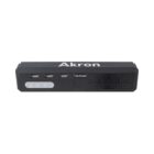 A black rectangular device with the word Akron on top. It features three USB ports, buttons, and a speaker grille.
