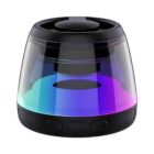 Bluetooth speaker with a black base and gradient LED lights.