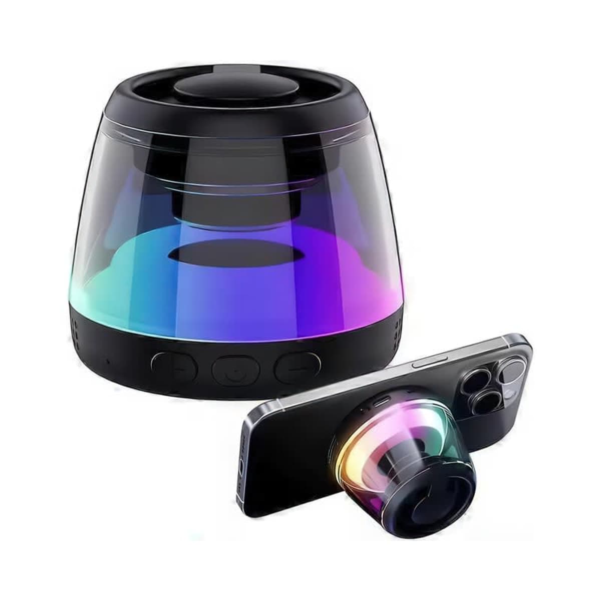 A small, colorful Bluetooth speaker next to a smartphone.