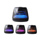 Four compact speakers with glowing blue, orange, purple, and pink lights.