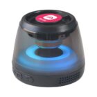 Black and translucent Bluetooth speaker with blue light and control buttons.