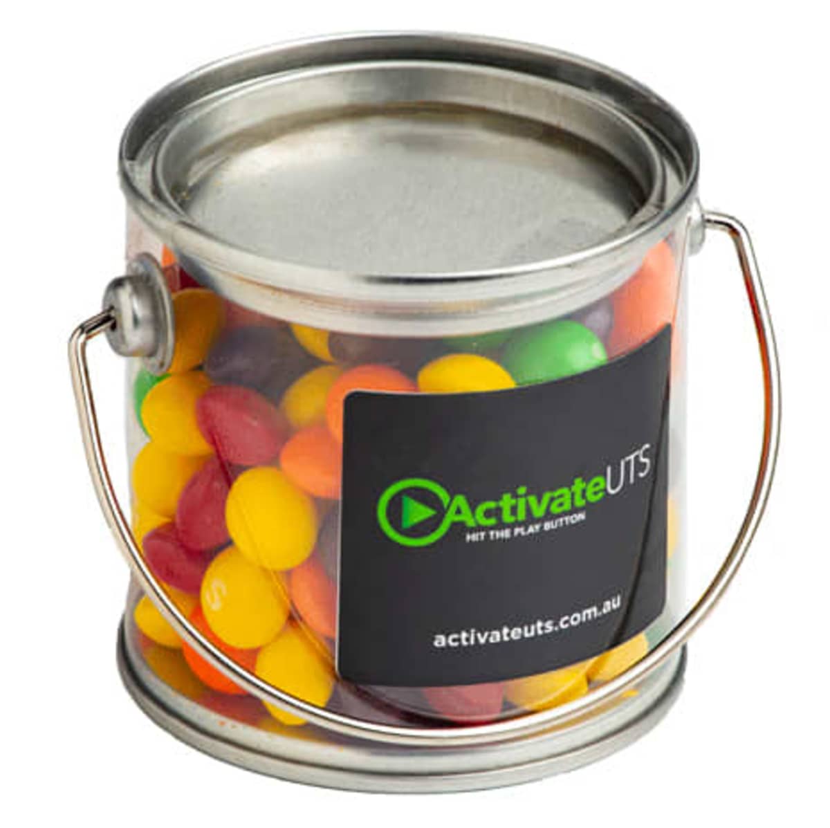 A small clear bucket filled with colorful candy, with an ActivateUTS label on the front.