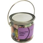 Small bucket filled with candy, labeled Supporting families safety on a purple sticker.