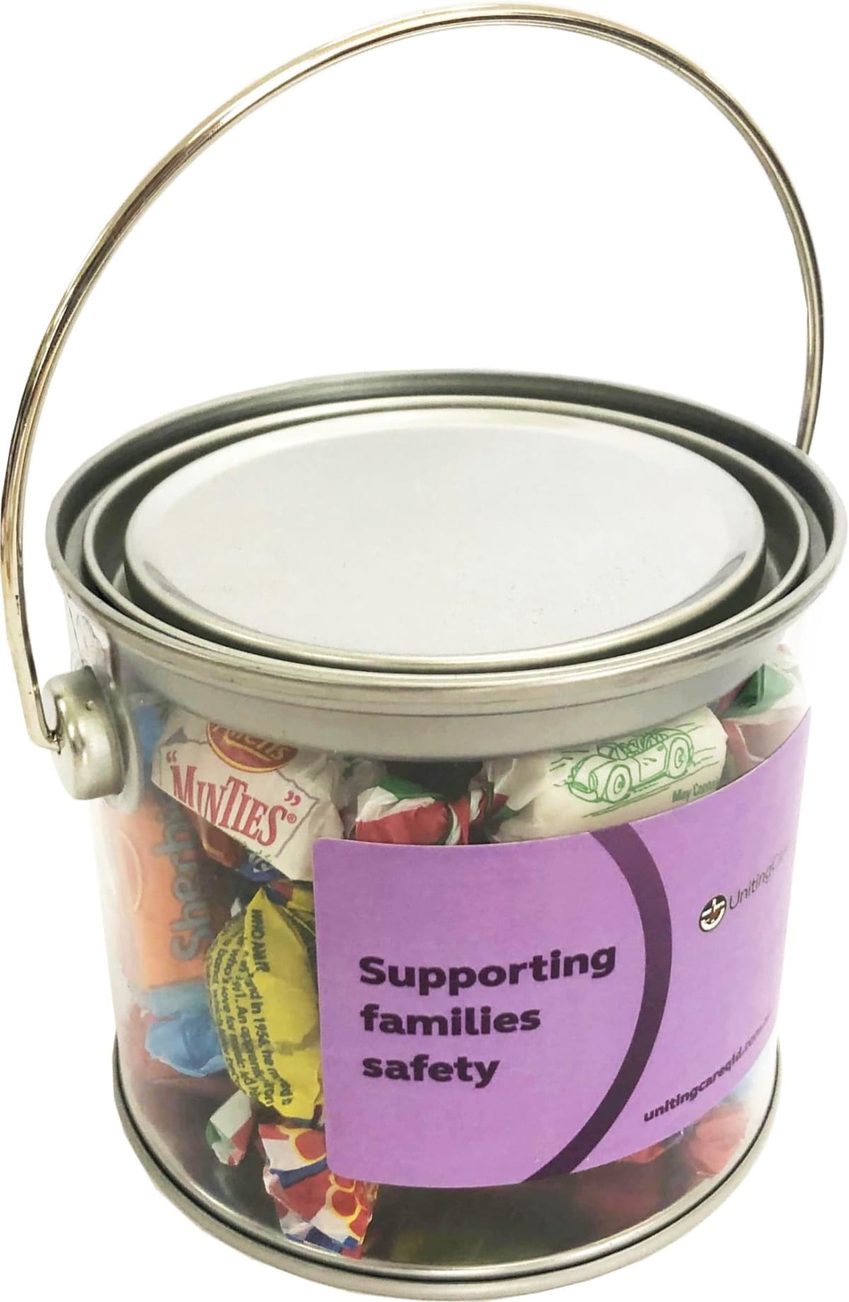 A clear pail filled with assorted candies and labeled Supporting families safety.