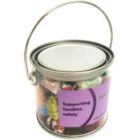 A small metal pail filled with assorted candies, labeled Supporting families safety.