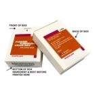 Two white boxes, one showing front text, the other showing back text and labeled parts.