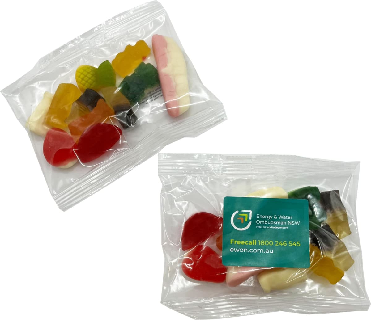 Two clear bags with assorted gummy candies; one bag has an Energy & Water Ombudsman NSW label.