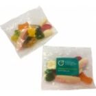 Two small clear bags containing assorted colorful gummy candies.