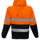 Orange hoodie with black bottom section and reflective gray stripes across the chest and forearms. The hoodie has a front pocket and drawstrings.