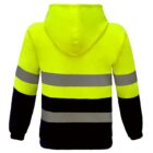 Bright yellow high-visibility safety hoodie with black lower panels and two reflective gray stripes across the back and sleeves, viewed from the rear. Hoodie features a hood and is long-sleeved.