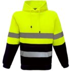 A high-visibility hoodie with a bright neon yellow top half and a dark bottom half. It features reflective gray bands across the chest and sleeves, a front pocket, and a drawstring hood.