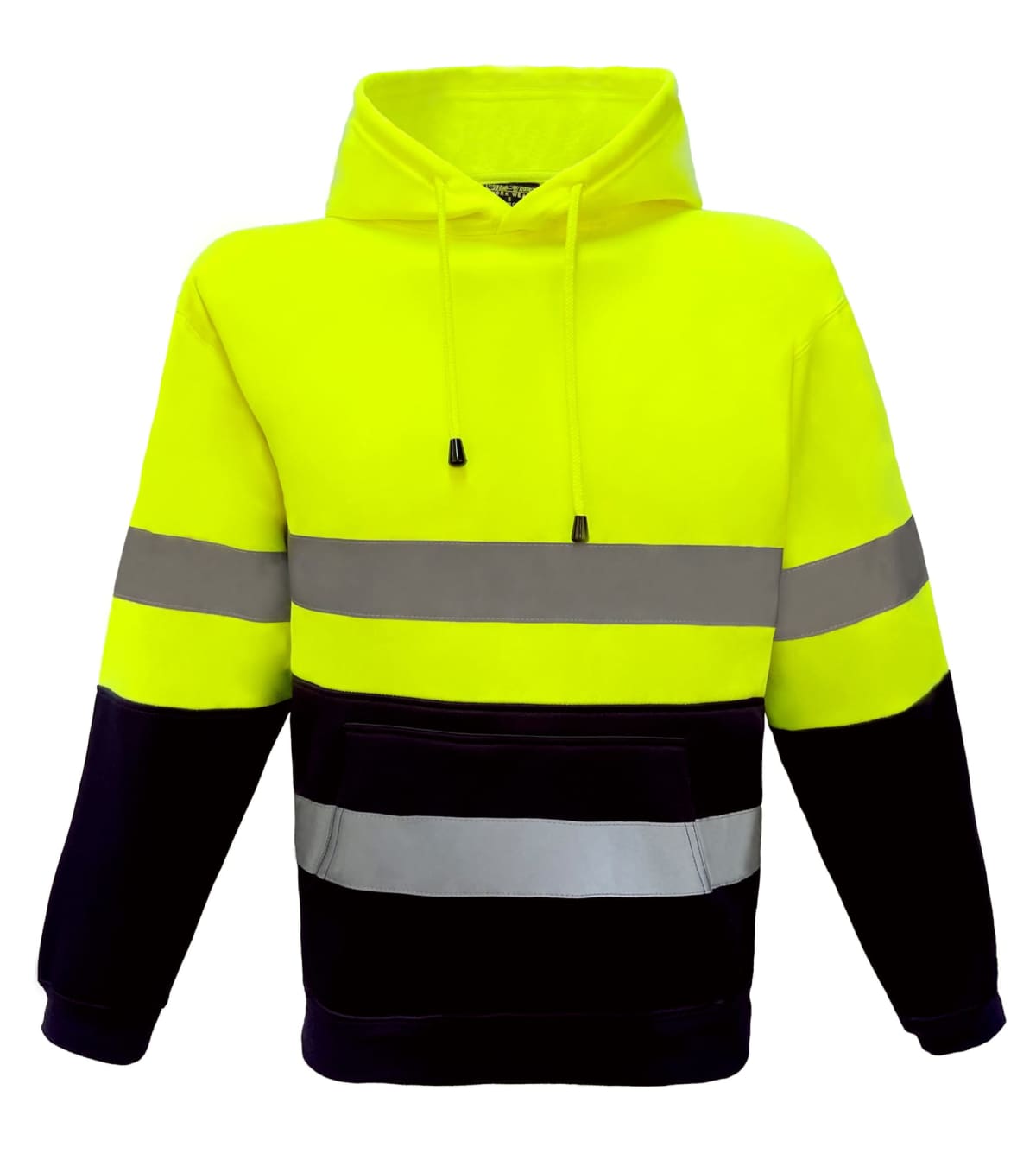 A high-visibility hoodie with a bright neon yellow top half and a dark bottom half. It features reflective gray bands across the chest and sleeves, a front pocket, and a drawstring hood.