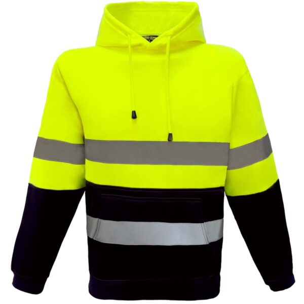 Bright yellow hoodie with a hood and drawstrings. It features reflective grey and black horizontal stripes across the chest and sleeves, with black fabric from the chest to the hem, including the front pocket.