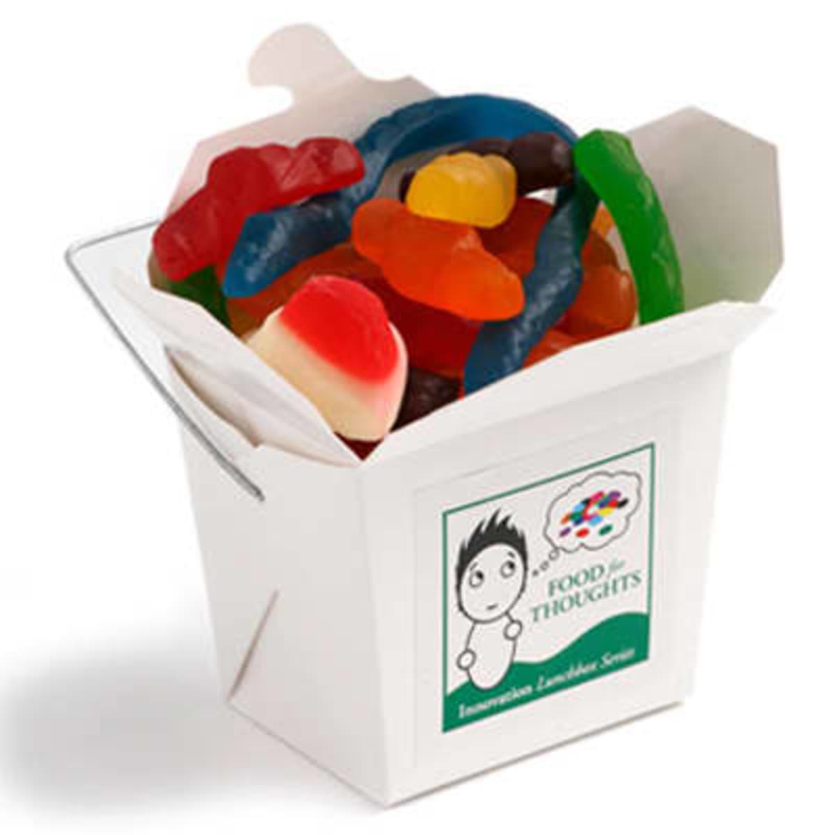 Assorted gummy candies in a white takeout container with a cartoon label on the front.