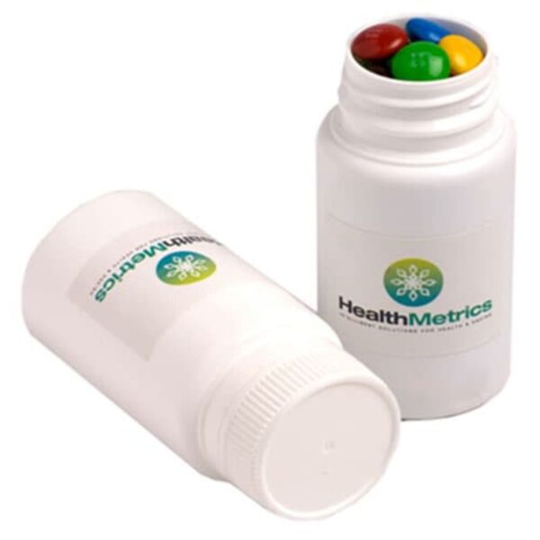 Branded Pill Jar with M&Ms