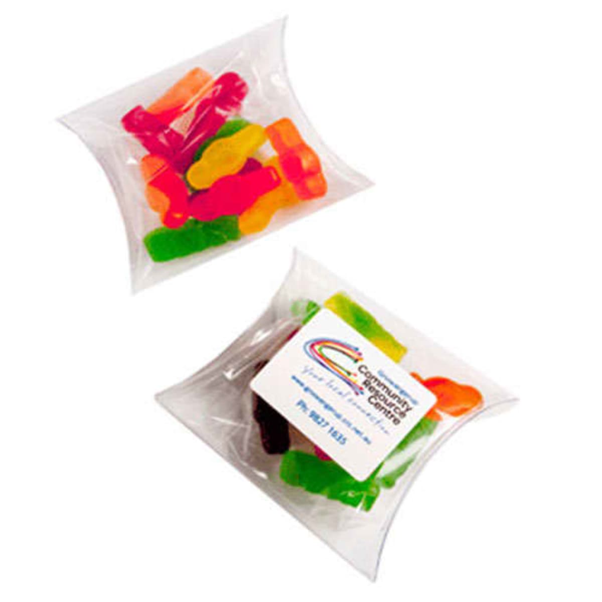 Two clear pillow packs containing colorful gummy candies.