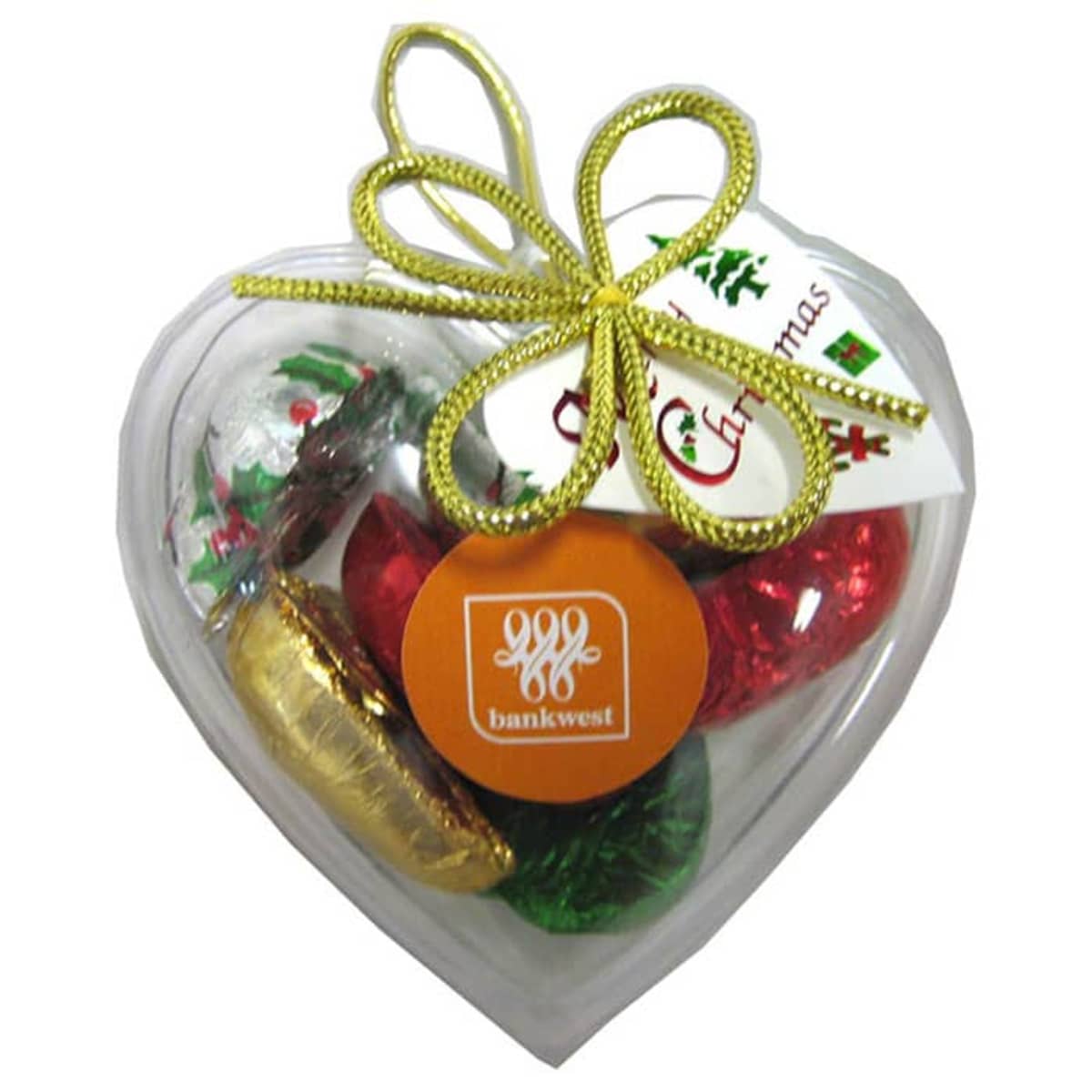 Heart-shaped box with assorted chocolates, gold ribbon, and a bankwest tag.