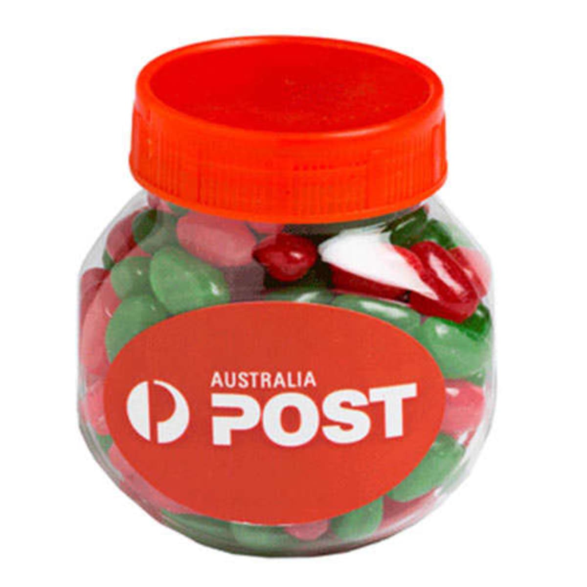 Clear jar with red lid, filled with red, green, and white candies labeled Australia Post.