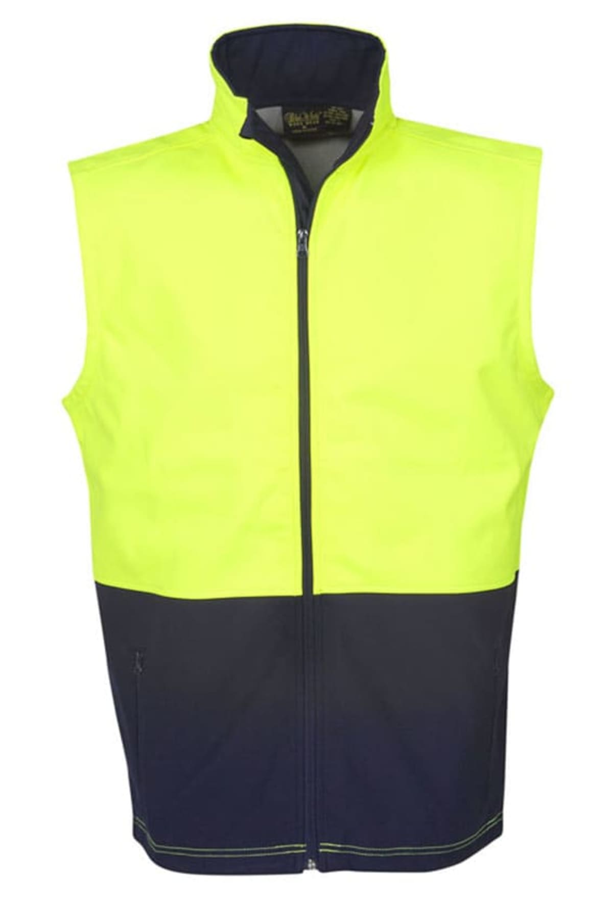 High-visibility two-tone vest with a bright yellow top and dark blue bottom.