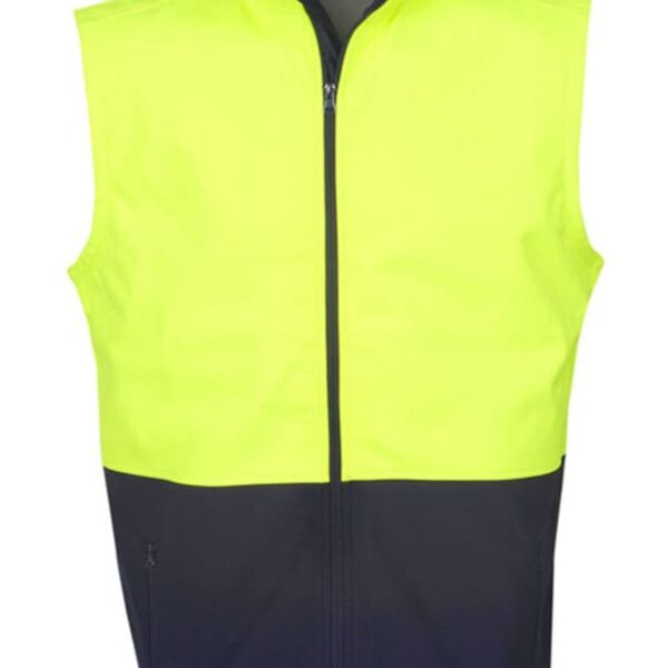 Two-tone high-visibility safety vest with bright yellow top and dark blue bottom.