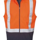 High-visibility safety vest with bright orange fabric and reflective silver stripes. The vest has a black lower section and a front zipper closure. The design is sleeveless, featuring a high collar.