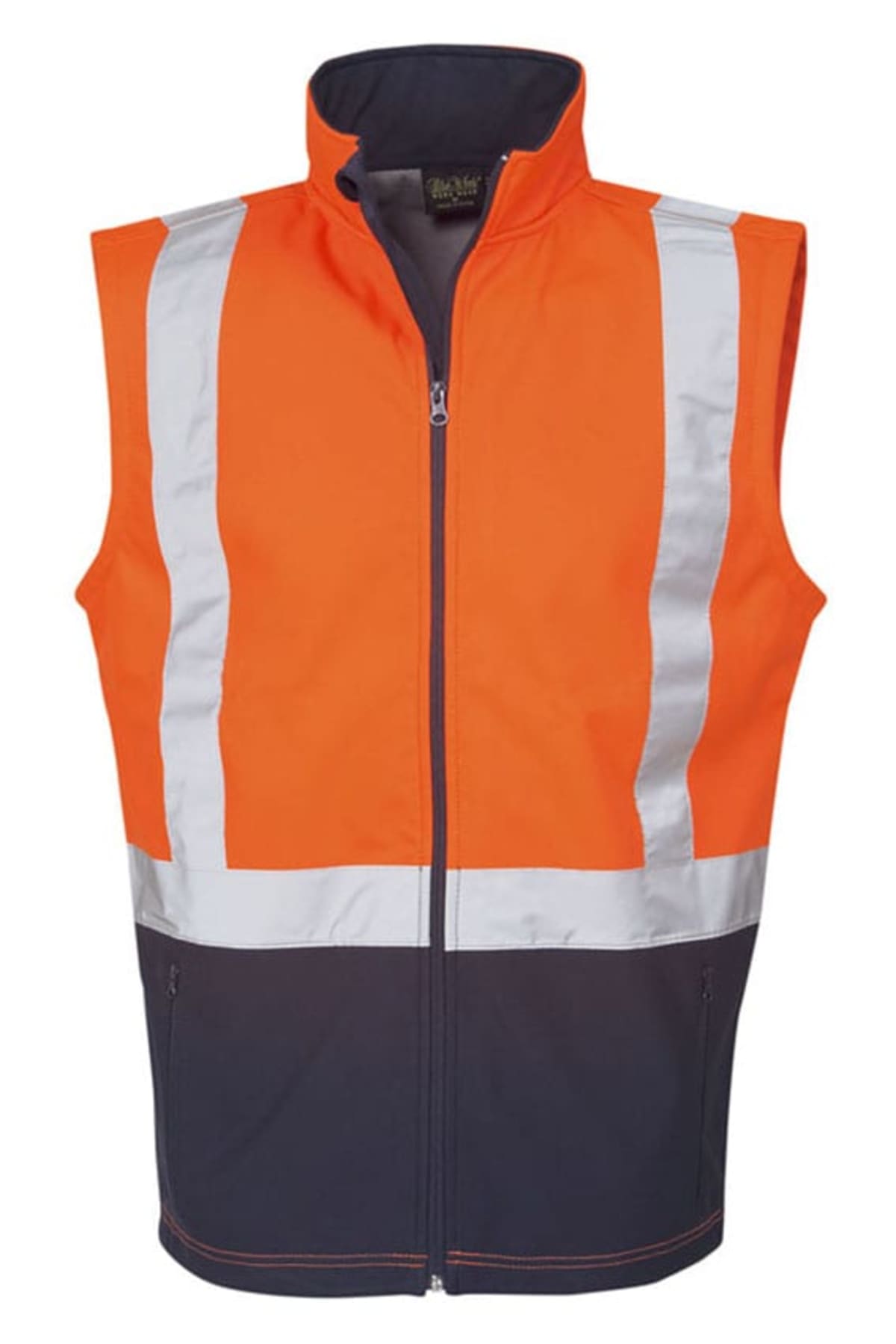 High-visibility safety vest with bright orange fabric and reflective silver stripes. The vest has a black lower section and a front zipper closure. The design is sleeveless, featuring a high collar.