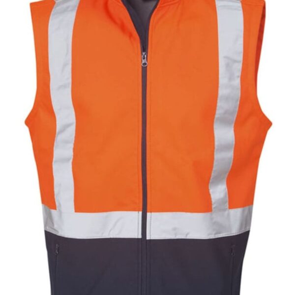 An orange and black safety vest with reflective silver stripes, featuring a sleeveless design and a front zipper closure. The vest has a high collar and a black lower section.