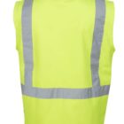 A back view of a yellow high-visibility vest with silver reflective stripes running vertically and horizontally. The vest has a collar and is sleeveless, designed for safety and visibility.