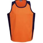 Orange sleeveless sports jersey with dark blue side panels and collar trim.