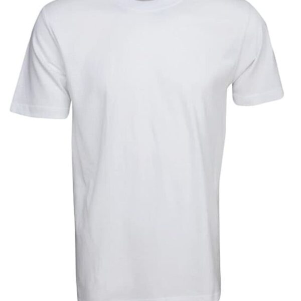 Plain white short-sleeve crew neck t-shirt on a white background.