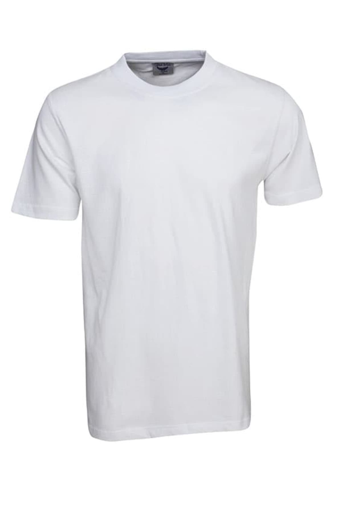 Plain white short-sleeved t-shirt on a white background.