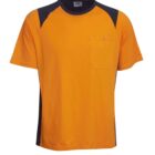 Orange T-shirt with dark shoulder panels and a chest pocket, on a white background.
