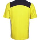 Back view of a two-tone yellow and black T-shirt.