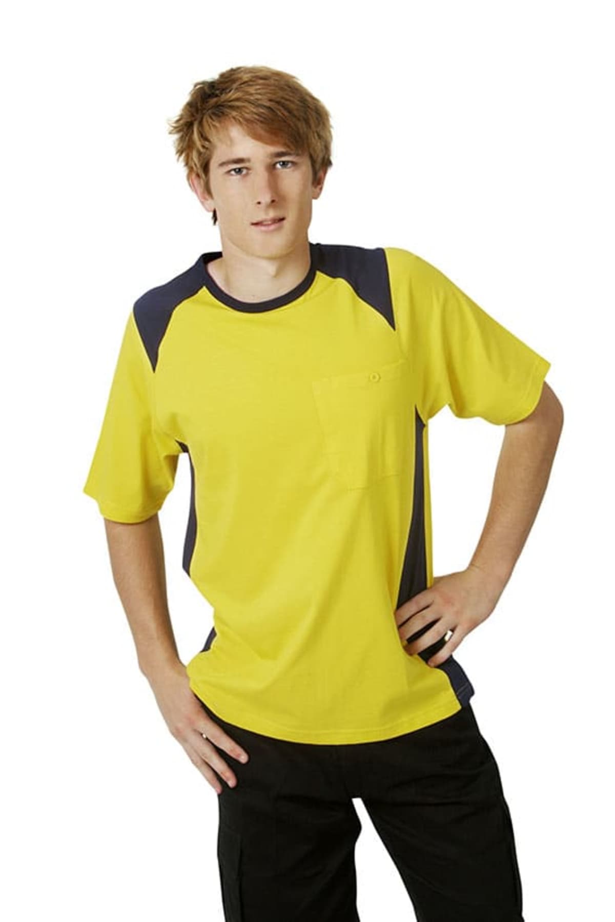 A person wearing a yellow and black t-shirt, posing with one hand on their hip.