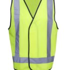 Bright yellow safety vest with reflective silver stripes, displayed on a white background.