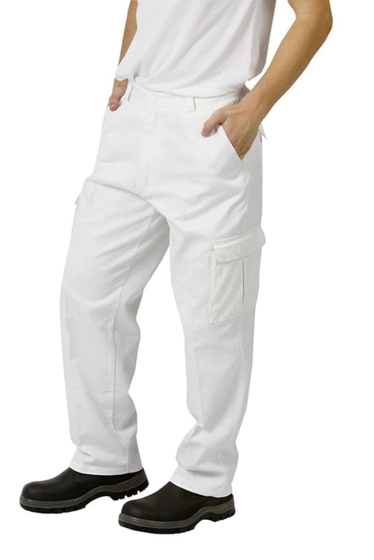 Person wearing white cargo pants, white shirt, and black shoes, with hands in pockets.