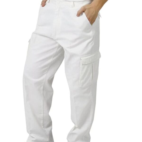 Person wearing white work pants, white shirt, and black shoes, hands in pockets.