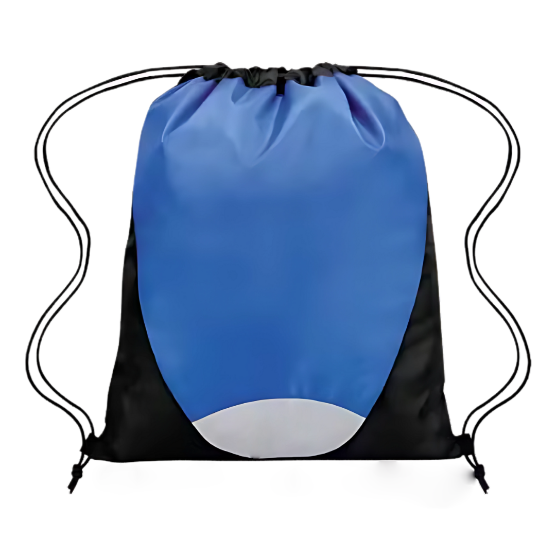 Cruiser Drawstring Bags in blue/black with a white front oval.