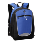 Custom blue/black Flex Pack Backpack with earphones & front zipper pocket.