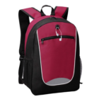 Custom Flex Pack Backpack in red/black with front zipper pocket and earbud port.