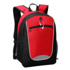 Custom Flex Pack Backpack: Red/black, front zipper pocket, earbud port.