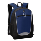 Custom Flex Pack Backpack: Blue/black with front zipper and mesh side pockets.
