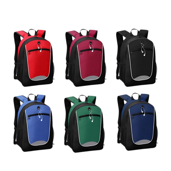 Six Custom Flex Pack Backpacks in red, pink, black, blue, green, and navy on white backdrop.