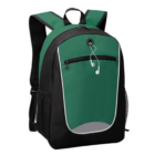 Custom Flex Pack Backpack in green/black with white earphones in front pocket.