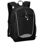Custom Flex Pack Backpack: Black with front zipper pocket and earphone opening.
