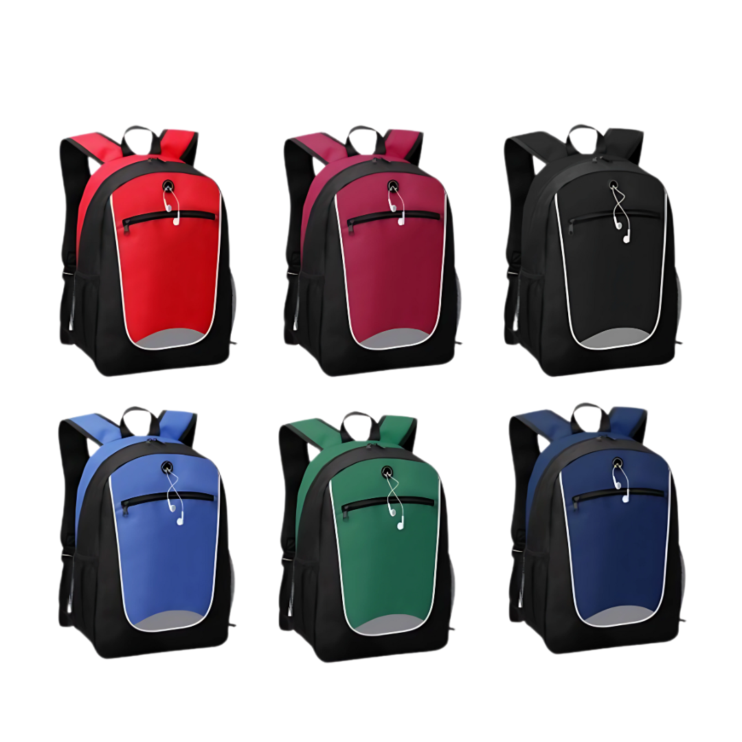 Six Custom Flex Pack Backpacks in red, pink, black, blue, green, and navy on white backdrop.