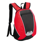 Custom Student Backpack in red and black with padded straps & front zipper pocket.